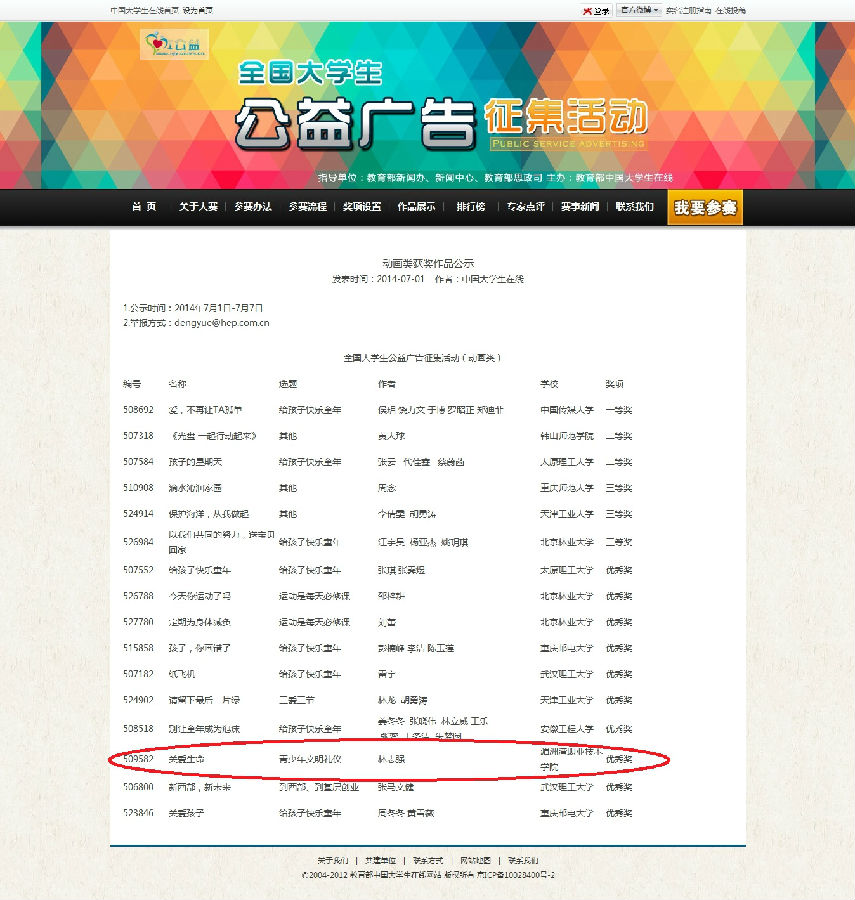 喜讯：我院动漫专业林志强作品获全国大学生公益广告征集优秀奖